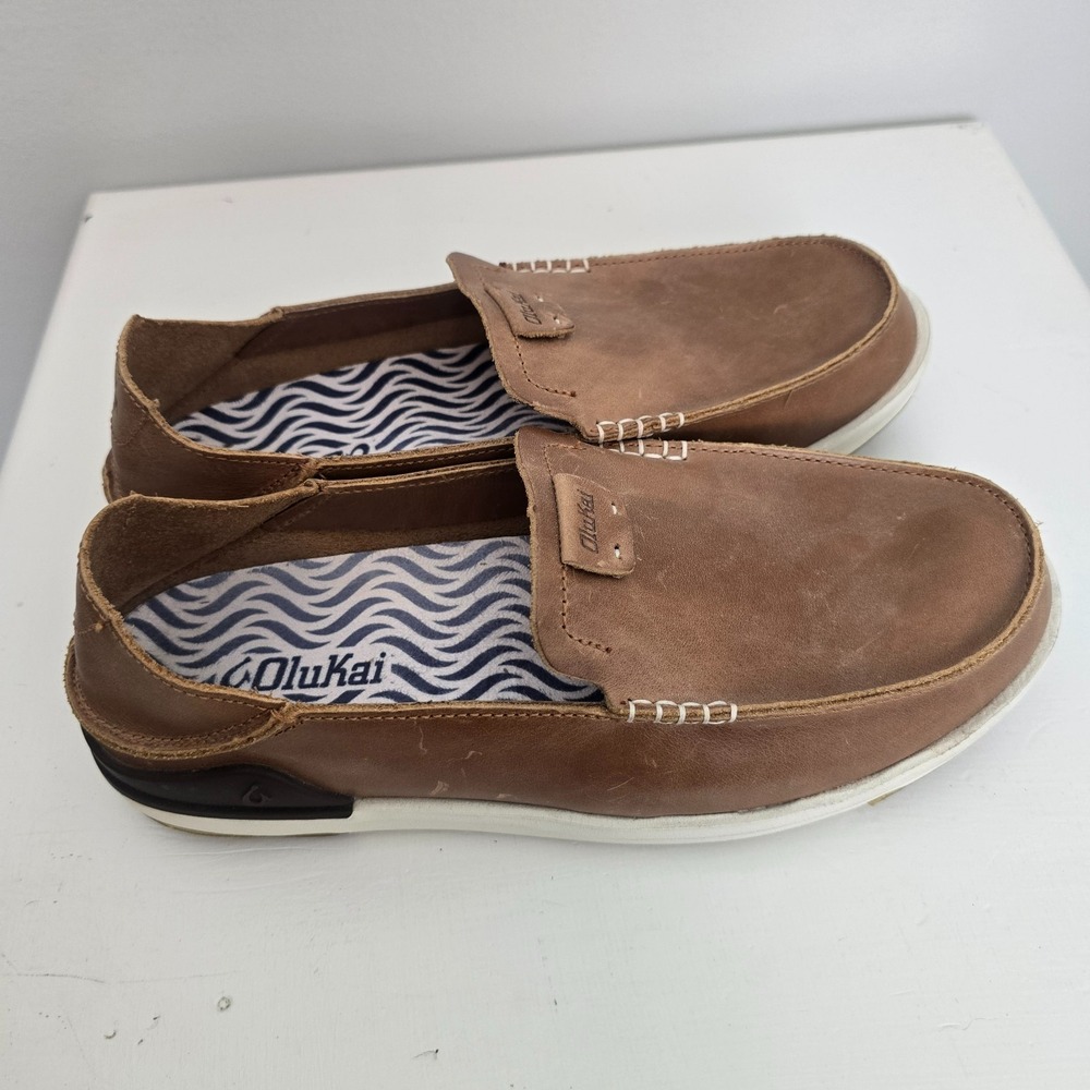 OluKai Mens Kakaha Leather Slip On Loafers Size 8.5 Brown Comfort Coastal Beach
